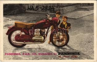 ~1950 Pannonia de Luxe 250 HA5-2824. P.O.B. 354. Budapest 62. motorkerékpár reklám. Hátoldalon QSL, Képzőművészeti Alap Kiadóvállalat / Hungarian motorbike advertisement