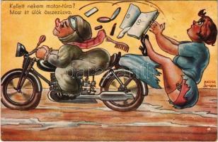 Kellett nekem motor-túra? Most itt ülök összezúzva / Hungarian humour art postcard, motorbike s: Kaszás Jámbor (tűnyomok / pin marks)