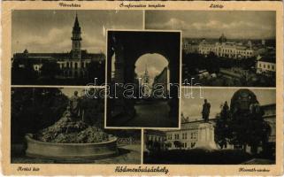 1944 Hódmezővásárhely, Városháza, Ó-református templom, látkép, Kossuth szobor, Artézi kút (EK)