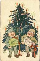 Első világháborús gúnyos katonai propaganda lap, Belgium és Szerbia elfoglalása, Karácsonyi ajándék. Magyar Földrajzi Intézet Rt. kiadása / WWI sarcastic military propaganda card, Capturing of Belgium and Serbia as Christmas present s: Bíró (EB)