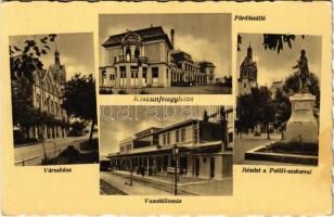 Kiskunfélegyháza, Városháza, Fürdőszálló, Vasútállomás, vonat, Petőfi szobor (fl)