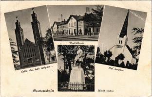 1940 Pusztaszabolcs, Vasútállomás, épülő római katolikus templom, Református templom, Hősök szobra, emlékmű. Kovács fényképész felvétele (EB)