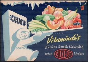 cca 1950 Mirelite vitamindús gyümölcs, főzelék készételek, Közért, eszkimó, gyümölcsök. Villamosplakát. 33,5x24 cm