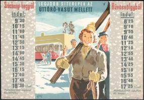 cca 1955 Legjobb síterepek az úttörő vasút mellett, Széchenyi hegy, Hűvösvölgy, sí, Gönczi Villamosplakát. 33,5x24 cm