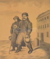 Adler János 1873 jelzéssel: Sétáló pár. Tus, papír. Üvegezett fa képkeretben. 17x13,5 cm
