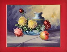Jelzés nélkül: Csendélet virágokkal és almával. Akvarell, papír, paszpartuban, 24×31,5 cm