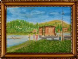 Klimó István jelzéssel: Vízpart. Vegyes technika, papír, sérült. Sérült fa keretben. 26,5x36,5 cm