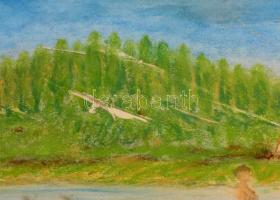 Klimó István jelzéssel: Vízpart. Vegyes technika, papír, sérült. Sérült fa keretben. 26,5x36,5 cm