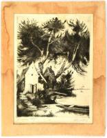 Remsey Jenő (1885-1980): Dunai táj. Rézkarc, papír, jelzett, foltos. Paszpartuban, 30x21 cm