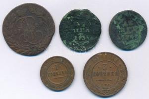 Orosz Birodalom 1735-1914. 5db-os kopek érme tétel, közte 1763. 2k Cu T:2-3- Russian Empire 1735-1914. 5pcs of Kopek coins with 1763. 2 Kopeks Cu C:XF-G