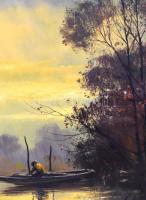 Bán Tibor (1963-): Csónakkikötő. Olaj, farost, jelzett. Hátoldalán Aranyhíd Galéria címkéjével. Dísz...