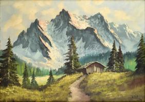 Olvashatatlan (Kühn?) jelzéssel: Karwendelgebirge. Olaj, vászon. Díszes fa keretben, 50×70 cm / Signed (Kühn?): Karwendel mountains. Oil on canvas. Framed. 50x70 cm