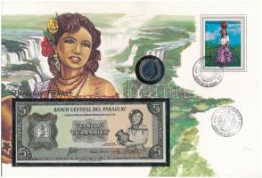 Paraguay Folklór érmés és bankjegyes, pecsételt boríték benne 1984. 5G rozsdamentesacél érmével és 1952. 5G bankjeggyel a PHILSWISS kiadásában, német leírással T:1,I