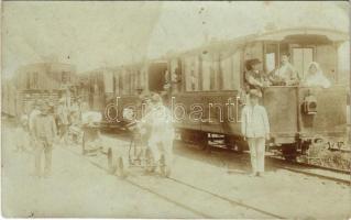 ~1910 Nyíregyháza, NyVKV Kisvasút szerelvénye, sínkerékpár, vasutasok és utasok. photo (EK)