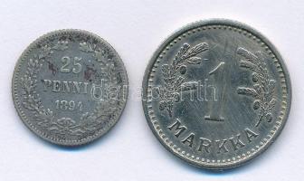 Finnország 1894. 25p Ag + 1933. 1M Cu-Ni T:2,2- Finland 1894. 25 Pennia Ag + 1933. 1 Markka Cu-Ni C:XF,VF