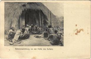 1913 Ratsversammlung vor der Hütte des Sultans / African folklore, council meeting in front of the Sultans hut (Rb)