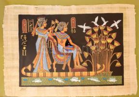 Díszes üvegezett fa képkeretben: Modern egyiptomi szuvenír papiruszkép, kézzel festett, olvashatatlan jelzéssel, 43×64 cm. kerete belső méret: 55,5x74,5 cm