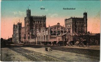 1910 Wien, Vienna, Bécs II. Nordbahn / railway station, horse-drawn carriages + PALÁNKA - GOMBOS - SZABADKA 386 vasúti mozgóposta bélyegző (fl)