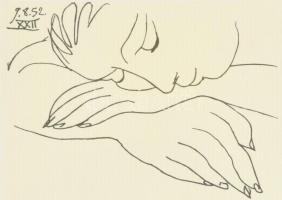 Pablo Picasso (1881-1973): Alvó hölgy (Sleeping woman). Nyomat, papír. Jelzett a nyomaton Üvegezett fa keretben. 8,5x11,5 cm