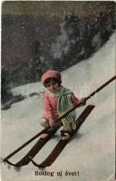1919 Boldog Újévet! / skiing girl with New Year greeting, winter sport (EK)