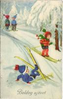 1934 Boldog Újévet! / skiing children with New Year greeting, winter sport. B.R. Nr. 9698.
