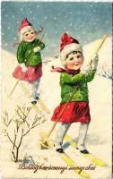 1935 Boldog Karácsonyi Ünnepket! / skiing children with Christmas greeting, winter sport. L&P 988. (EK)
