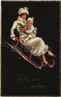 1926 Sretna nova godina! / sledding lady with child, New Year greeting, winter sport. EAS 567. (EK)