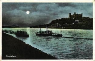 Pozsony, Pressburg, Bratislava; vár, gőzhajó este / castle, steamship at night