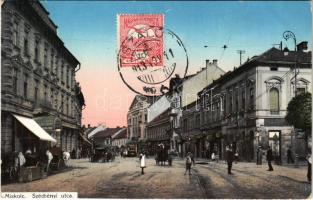 1913 Miskolc, Széchenyi utca, villamos, üzletek, szálloda. Grünwald Ignác kiadása. TCV card
