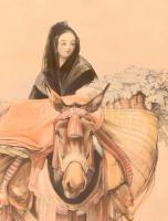 Üvegezett, kopott, kissé sérült fa keretben Seville jelzésű nyomat. Keret belső méret. 48,4x38,2 cm....