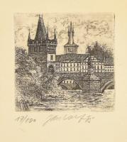 Olvashatatlan jelzéssel, 2 db vásroi látkép híddal. Rézkarc, papír, számozott. Üvegezett fa keretben...