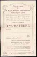 1905 Meghívó tea-estélyre, a Magyar Háztartási Iskola-egyesület főzőiskolának javára, szecessziós illsuztrációval, hajtásnyommal, 17x11 cm, borítékban