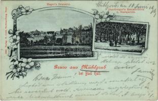 1900 Mühlgrub bei Bad Hall, Hagers Brauerei, Danzbergers Restauration und Gastgarten / brewery, restaurant and garden. Art Nouveau, floral (EK)