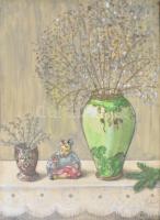 Rózsa Irén jelzéssel: Távol-keleti csendélet. Akvarell, ceruza, papír. Üvegezett fa keretben, 42,5×30,5 cm