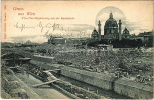 1898 (Vorläufer) Wien, Vienna, Bécs; Wien-Fluss-Regulierung mit der Karlskirche / river regulation, church