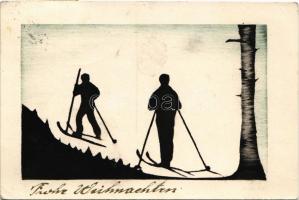 Frohe Weihnachten! / Christmas greeting with skiers, winter sport, silhouette art postcard (EK)
