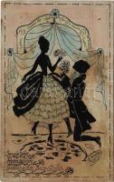 1922 Kézzel rajzolt és színezett romantikus sziluettes művészlap / Hand-drawn silhouette art postcard with romantic couple s: Franz Maar (fl)