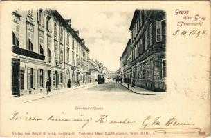 1898 (Vorläufer) Graz, Zinzendorfgasse, Charcuterie und Delicatessenhandlung zur Stadt Karlsbad / street, tram, shops of Alois Straft and Honisch
