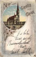 1898 (Vorläufer) Graz, Herz Jesukirche / church. Art Nouveau, floral, litho (tear)