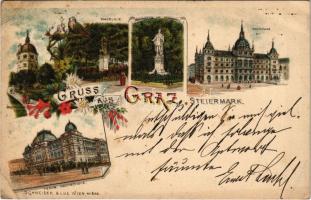 1898 (Vorläufer) Graz, Waldlilie, Rathhaus, Techn. Hochschule, Auersberg Denkmal / town hall, school, statue. Schneider & Lux No. 620. Art Nouveau, floral, litho (EB)