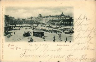 1898 (Vorläufer) Graz, Jacominiplatz / square, horse-drawn tram, market