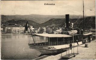 1913 Crikvenica, Cirkvenica; kikötő, gőzhajó / port, steamship + FIUME - ÚJDOMBÓVÁR - BUDAPEST 402 A vasúti mozgóposta bélyegző (képeslapfüzetből / from postcard booklet)