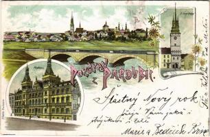 1902 Pardubice, Zelená brána, Radnice / general view, bridge, city gate, town hall. F. Hoblik Art Nouveau, floral, litho (EK)