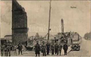 1917 Rethel / WWI German military, ruins of destroyed buildings in Rethel, automobile, soldier with bicycle (EK)
