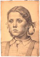Sztankovjánszky J jelzéssel: Copfos lány arcképe, 1947. Ceruza, papír, karton. 36x25 cm