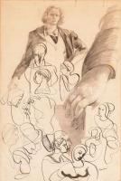 Kohán György (1910-1966): Női arcképek, kar (és önarckép?), tanulmányok. Ceruza, tus, papír, jelzett. Sérült. Üvegezett fa keretben. 47x31 cm.