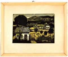 Alexin Andor (1921-2003) : Badacsonyi részlet a Kisfaludy-házzal. Linómetszet, karton, jelzett. Lap széle kissé foltos. Fa keretben, 24x34 cm