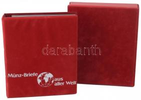 Münz Briefe aus aller Welt piros, plüssborítású, négygyűrűs album, 49db berakólappal, plüssborítású tokban, szép állapotban