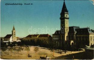 1917 Hódmezővásárhely, Kossuth tér, Városháza, templom. Farkas András kiadása (EK)