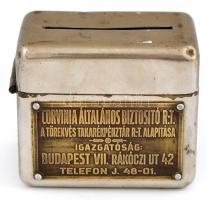 cca 1930 Corvinia biztosító fém feliratos persely. Kulcs nélkül 8x7 cm